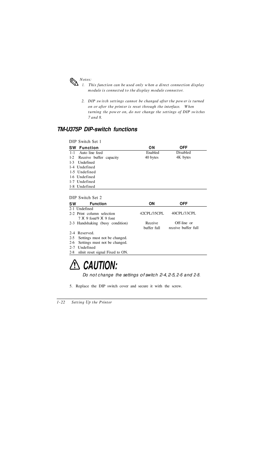 Epson user manual TM-U375P DIP-switch functions, 42CPL/35CPL 40CPL/33CPL 