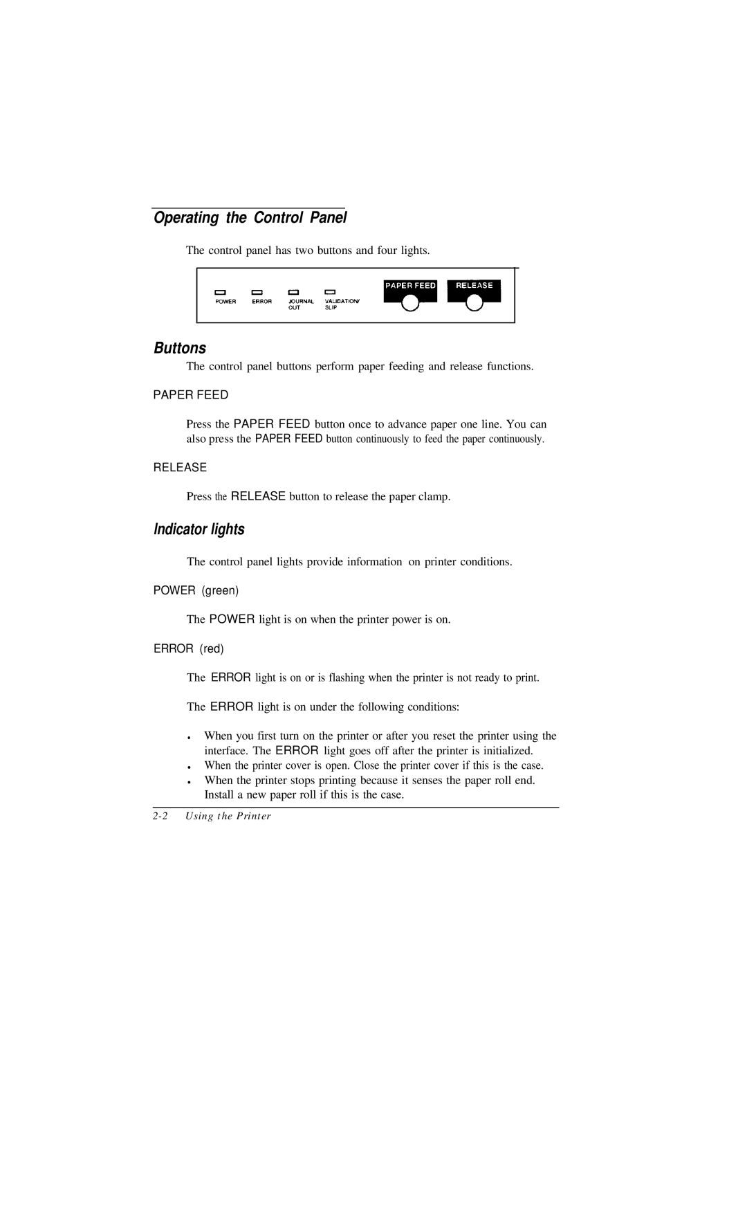 Epson TM-U375 user manual Operating the Control Panel, Buttons, Lndicator lights 