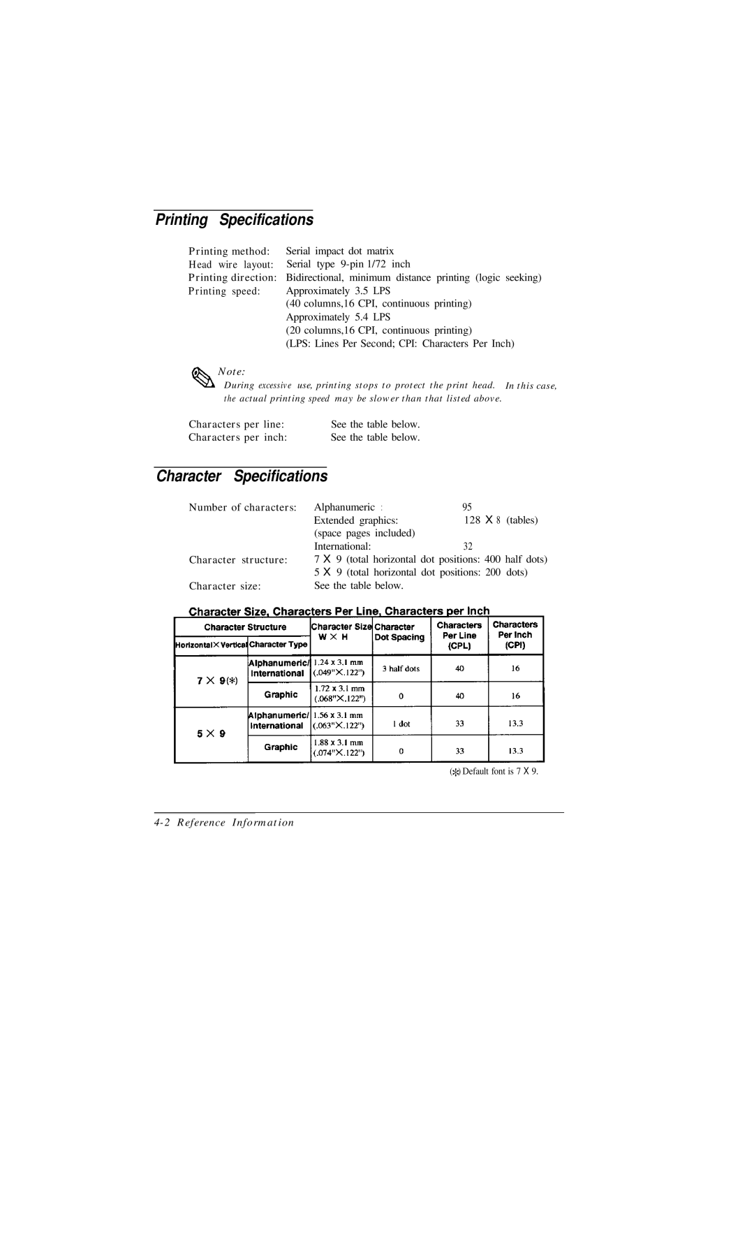 Epson TM-U375 user manual Printing Specifications, Character Specifications 