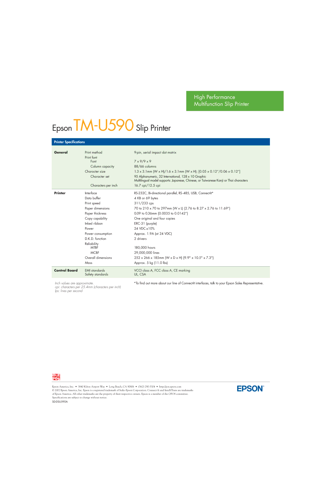 Epson TM-U560 General, Printer, Control Board, Inch values are approximate, Cpi characters per 25.4mm characters per inch 