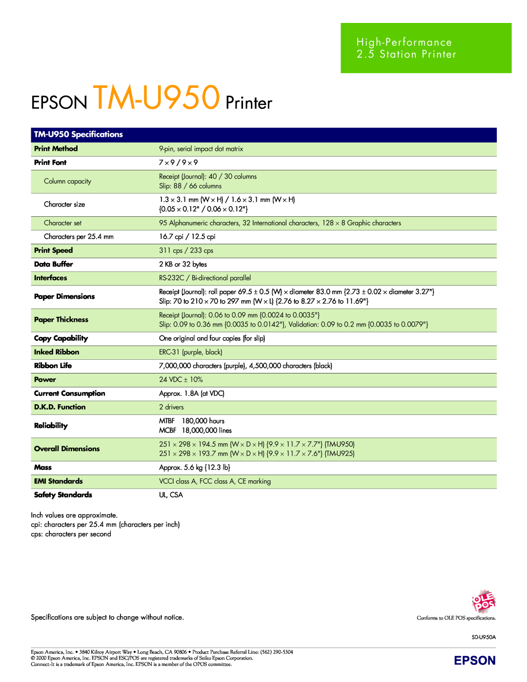 Epson manual EPSON TM-U950 Printer, High-Per formance 2.5 Station Printer, TM-U950 Specifications 