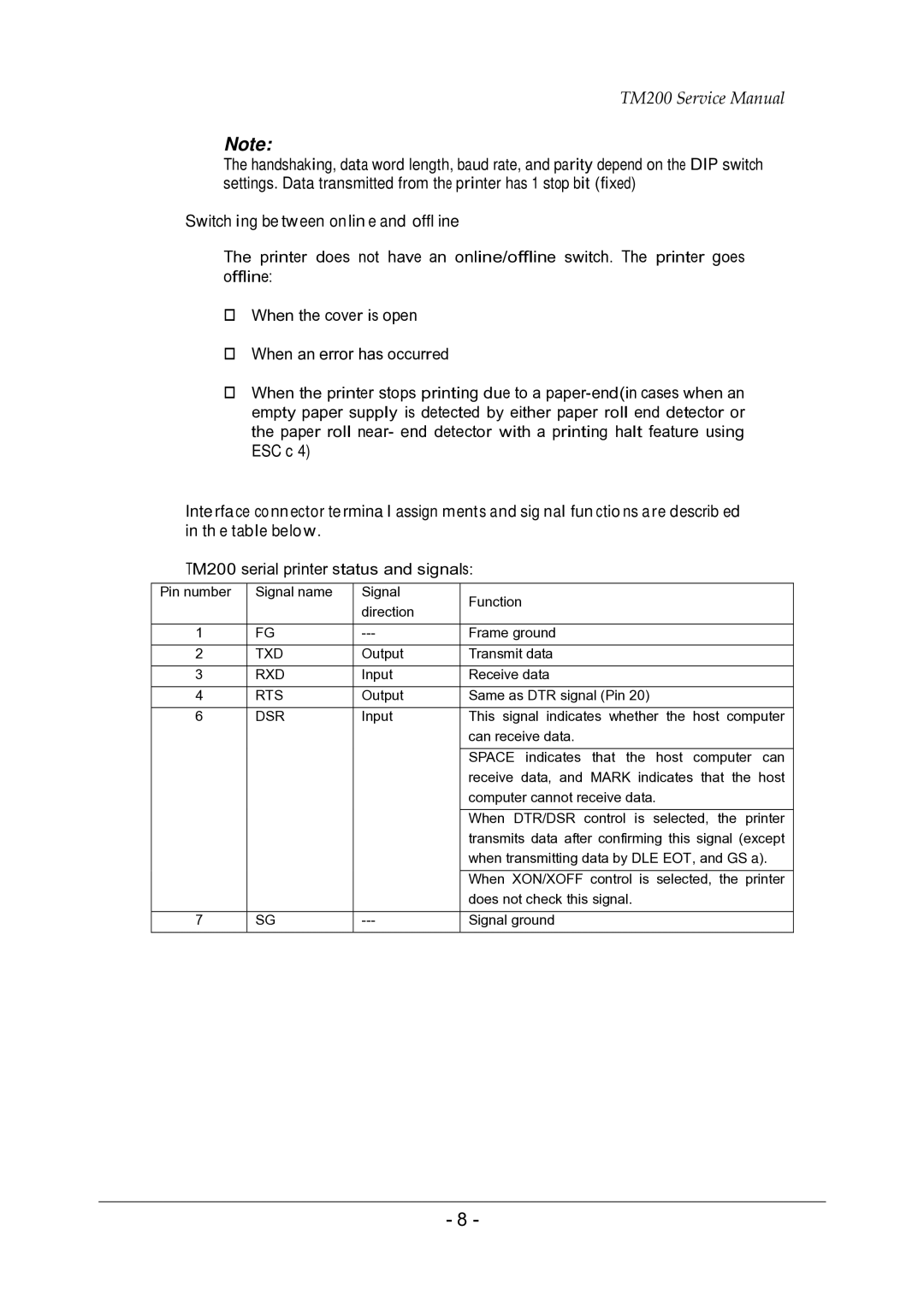 Epson service manual Switching between online and offline, TM200 serial printer status and signals 