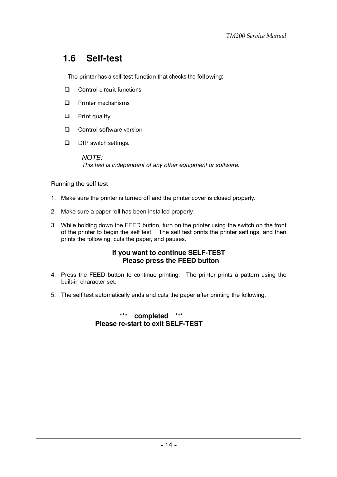 Epson TM200 service manual Self-test, Running the self test 