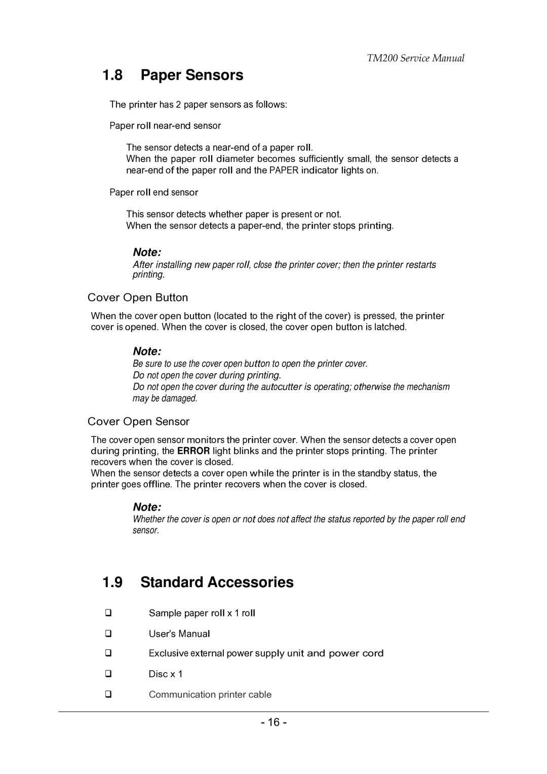 Epson TM200 service manual Paper Sensors, Standard Accessories, Cover Open Button, Cover Open Sensor 