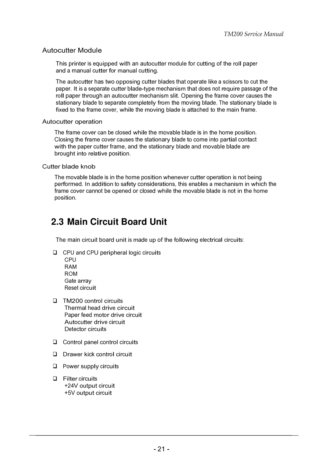 Epson TM200 service manual Main Circuit Board Unit, Autocutter Module, Autocutter operation, Cutter blade knob 