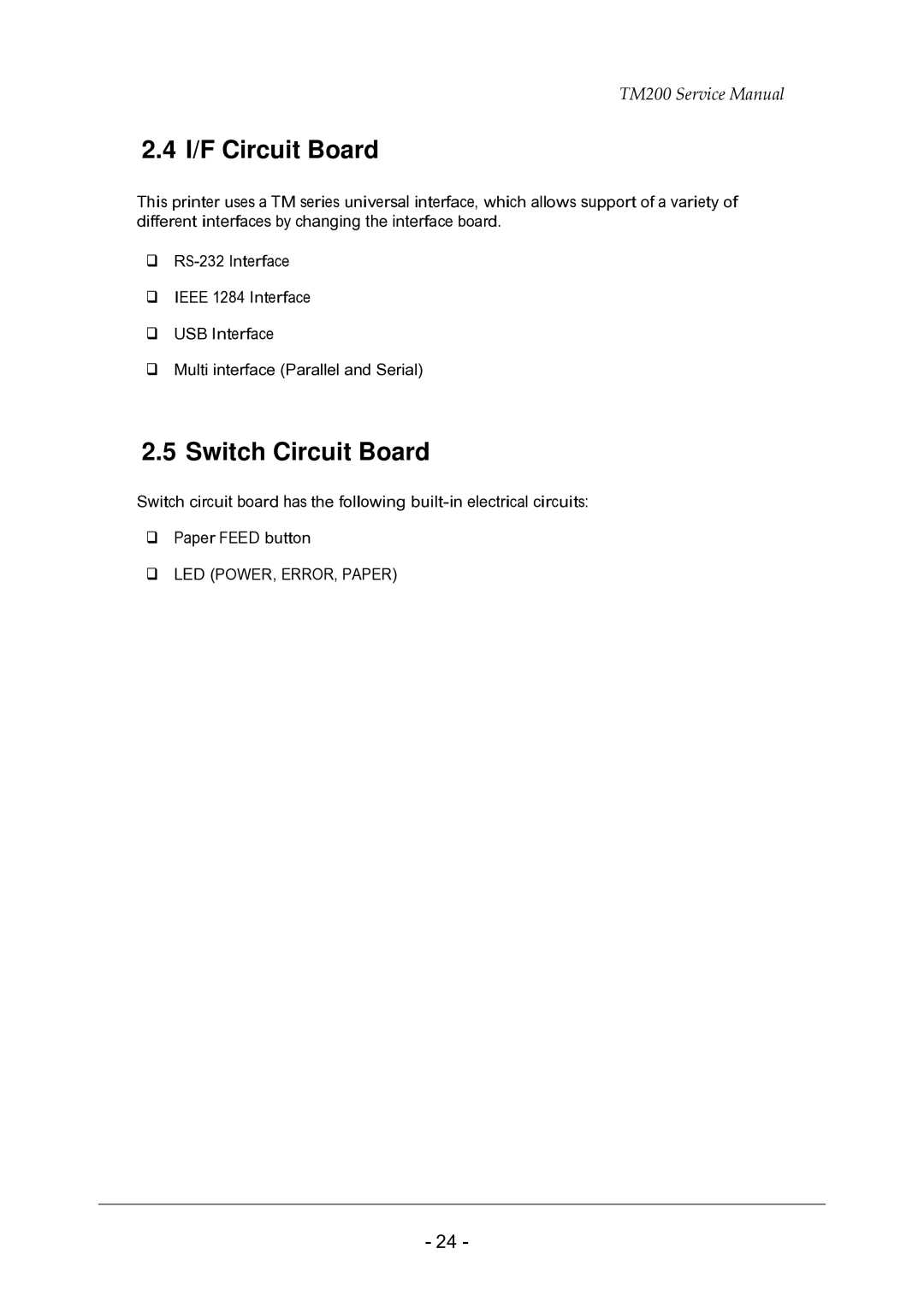 Epson TM200 service manual I/F Circuit Board, Switch Circuit Board 