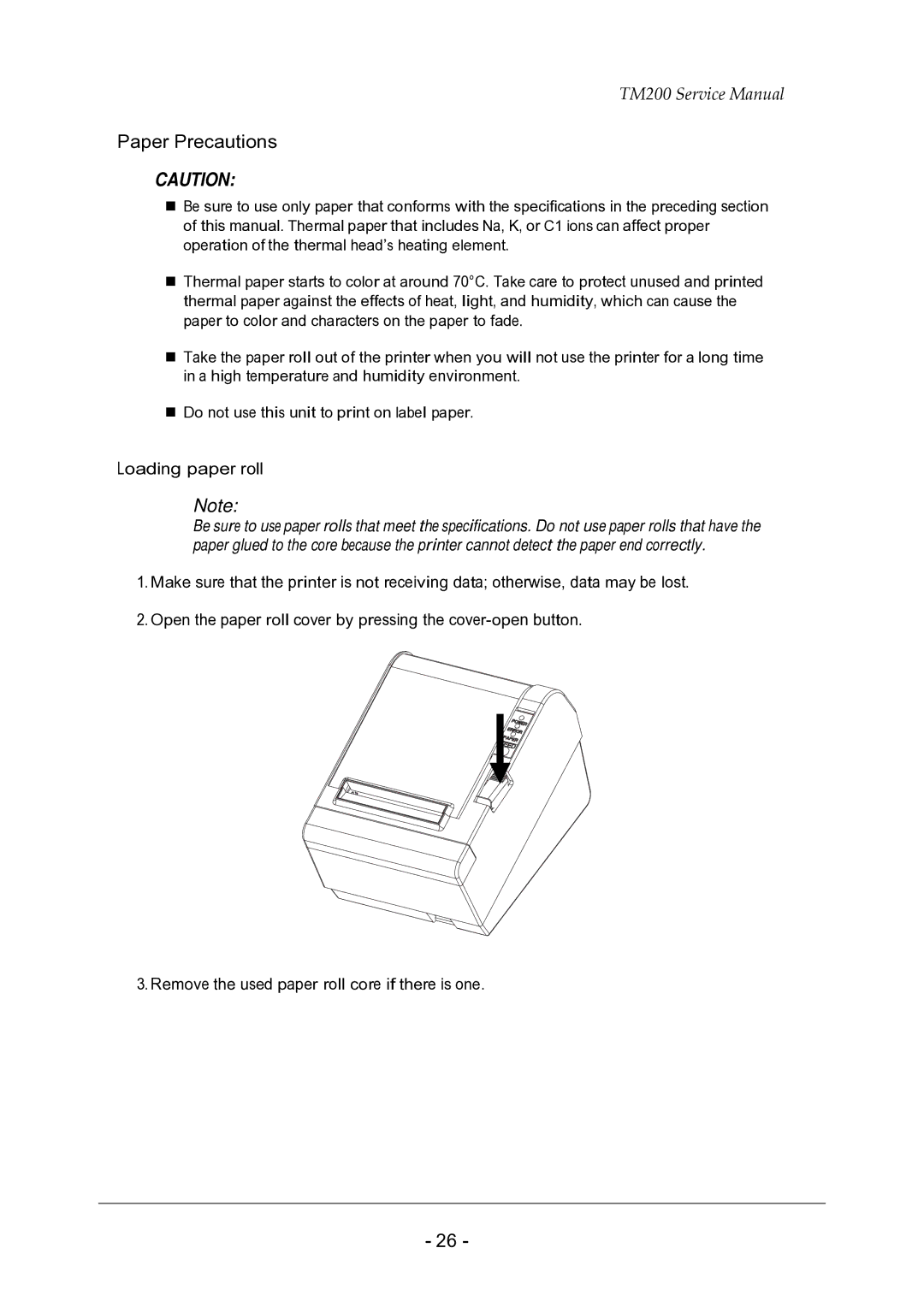 Epson TM200 service manual Paper Precautions, Loading paper roll 