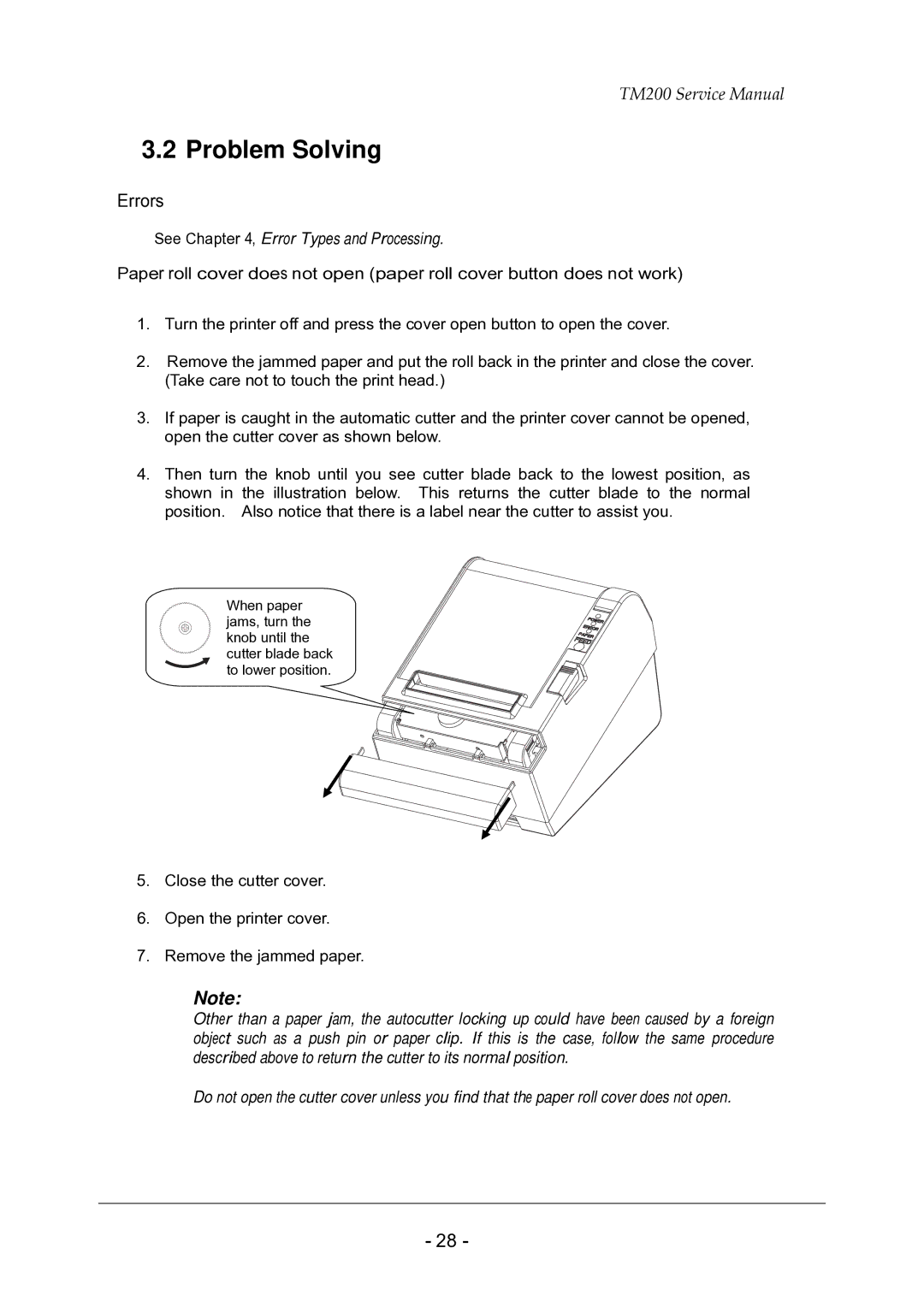 Epson TM200 service manual Problem Solving, Errors 