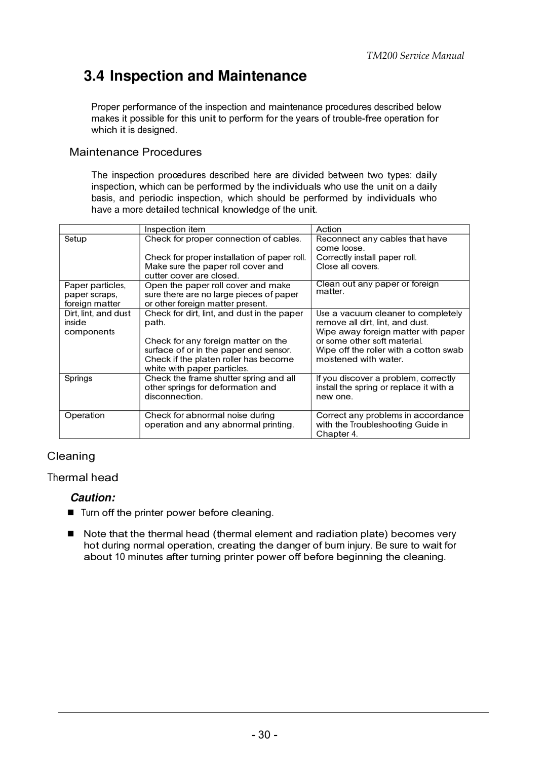 Epson TM200 service manual Inspection and Maintenance, Maintenance Procedures, Cleaning Thermal head 