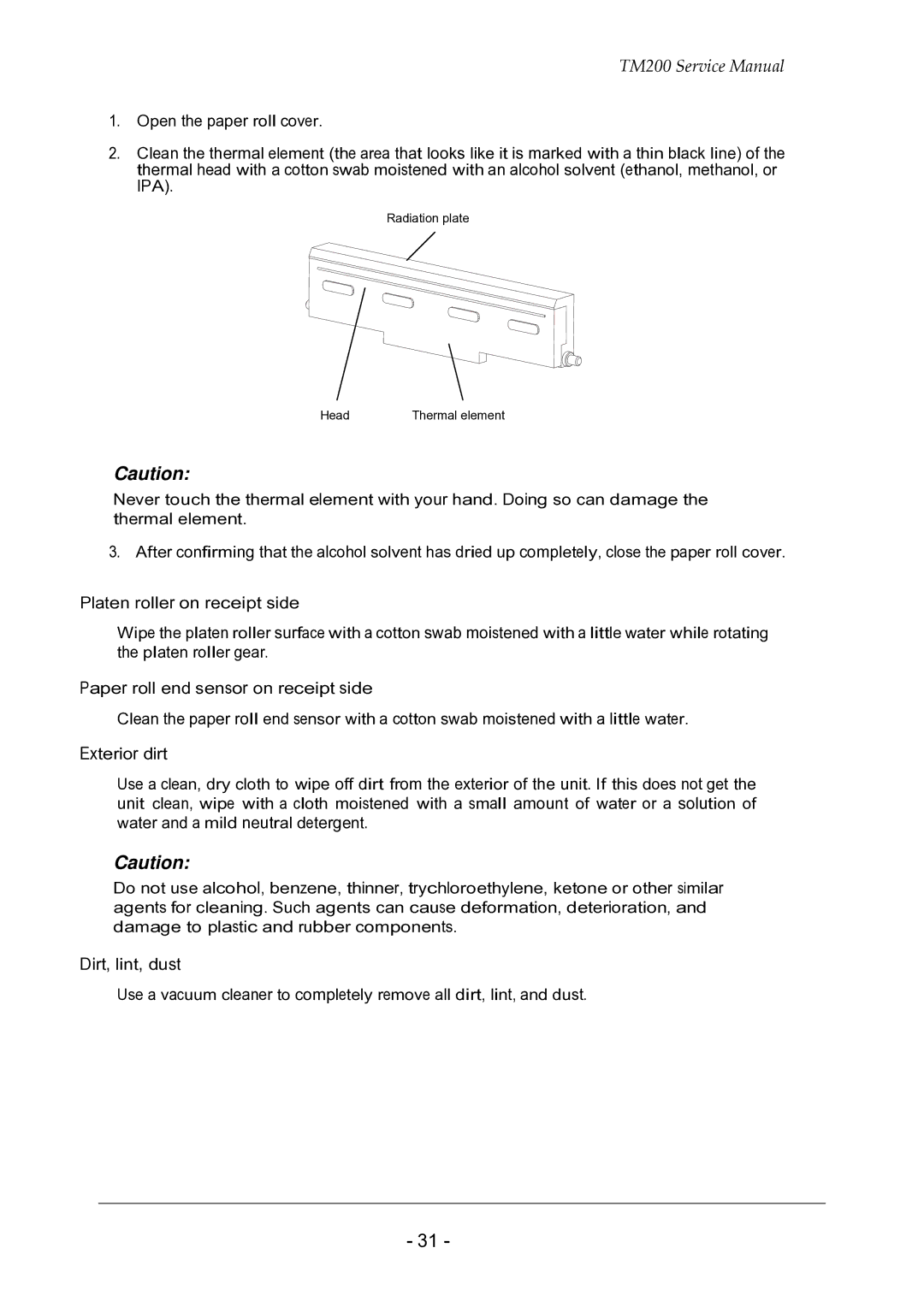 Epson TM200 Platen roller on receipt side, Paper roll end sensor on receipt side, Exterior dirt, Dirt, lint, dust 