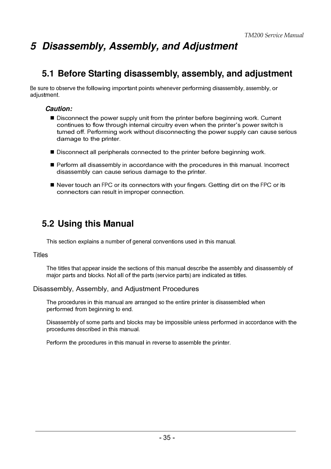 Epson TM200 service manual Before Starting disassembly, assembly, and adjustment, Using this Manual, Titles 