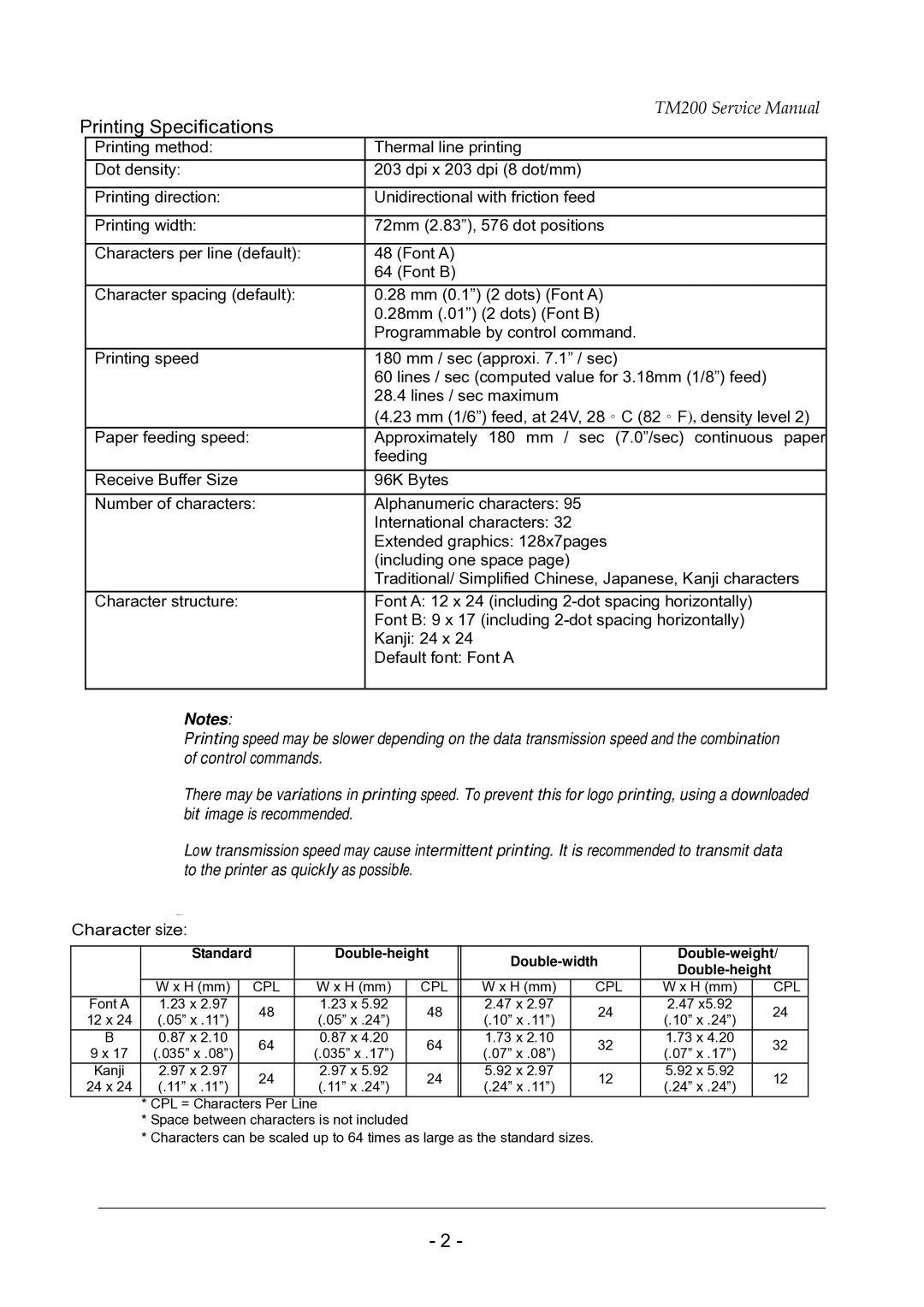 Epson TM200 service manual Printing Specifications, Character size 