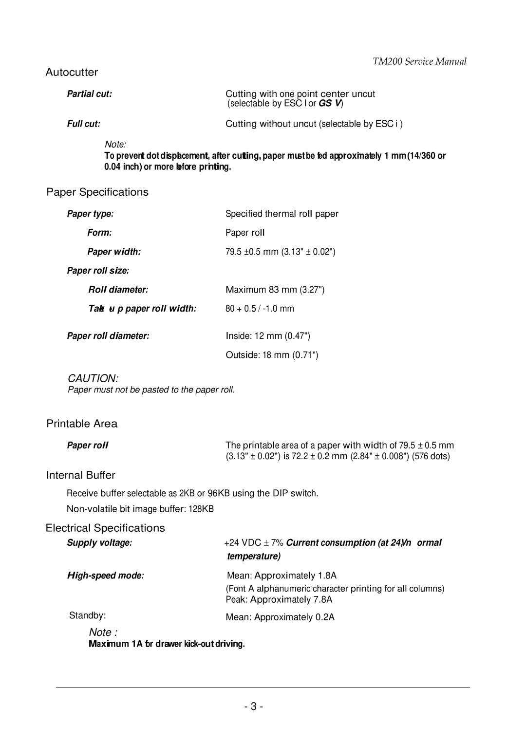 Epson TM200 service manual Autocutter, Paper Specifications, Printable Area, Internal Buffer, Electrical Specifications 