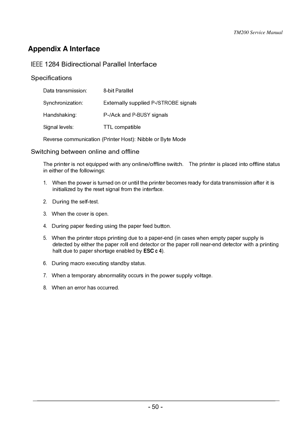 Epson TM200 service manual Specifications, Switching between online and offline 