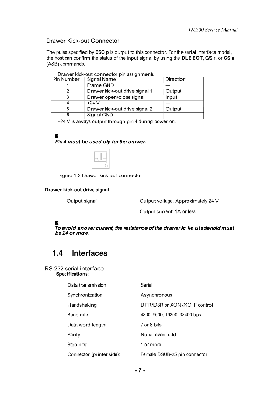 Epson TM200 service manual Interfaces, Drawer Kick-out Connector, RS-232 serial interface 