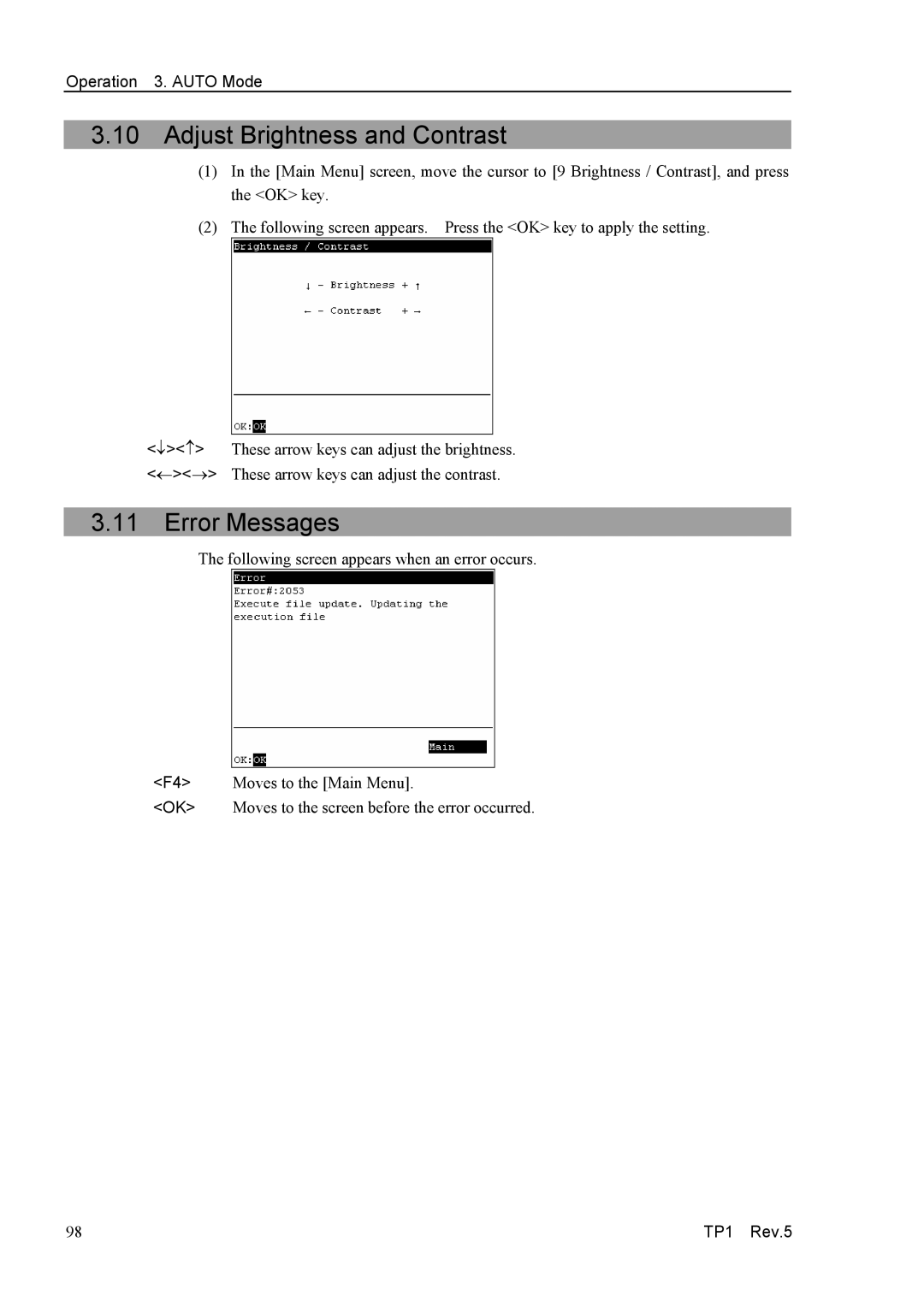 Epson TP1 manual Adjust Brightness and Contrast, Error Messages 