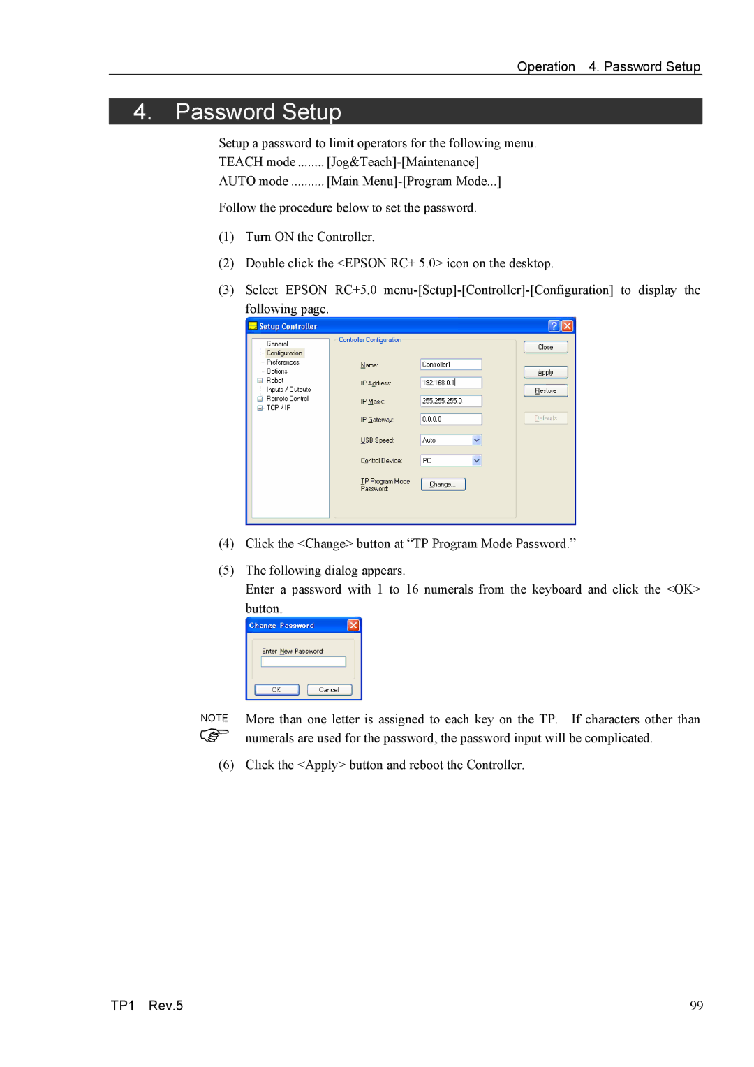 Epson TP1 manual Operation 4. Password Setup 