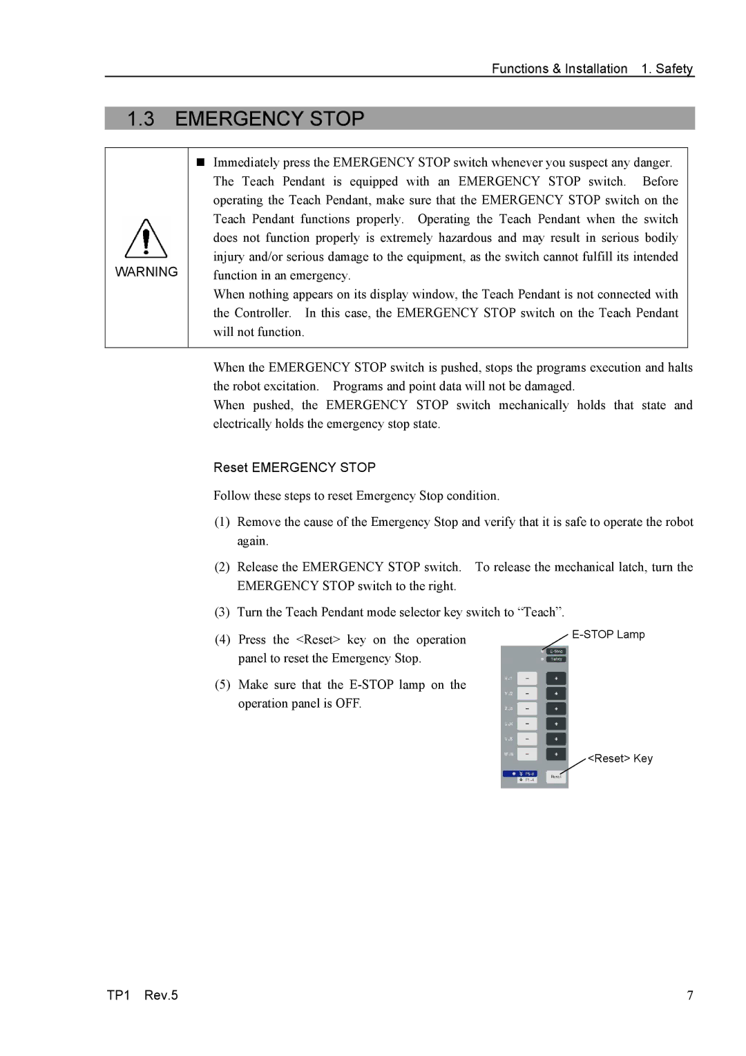 Epson TP1 manual Reset Emergency Stop 