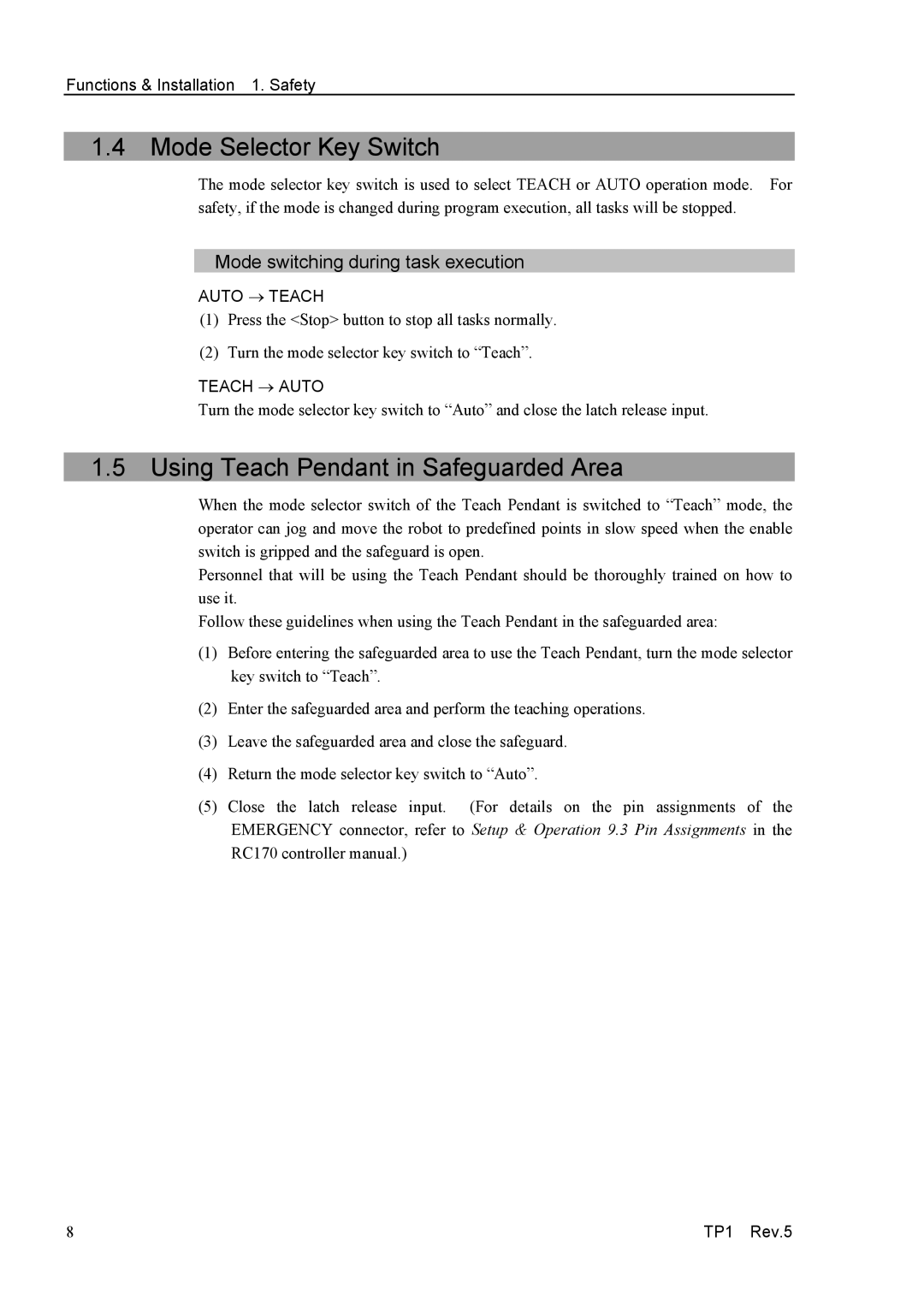 Epson TP1 manual Mode Selector Key Switch, Using Teach Pendant in Safeguarded Area, Mode switching during task execution 