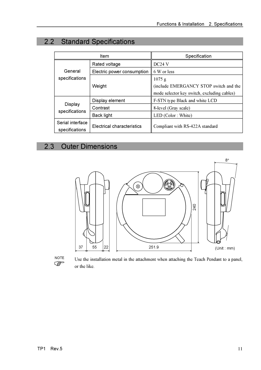 Epson TP1 manual Standard Specifications, Outer Dimensions 