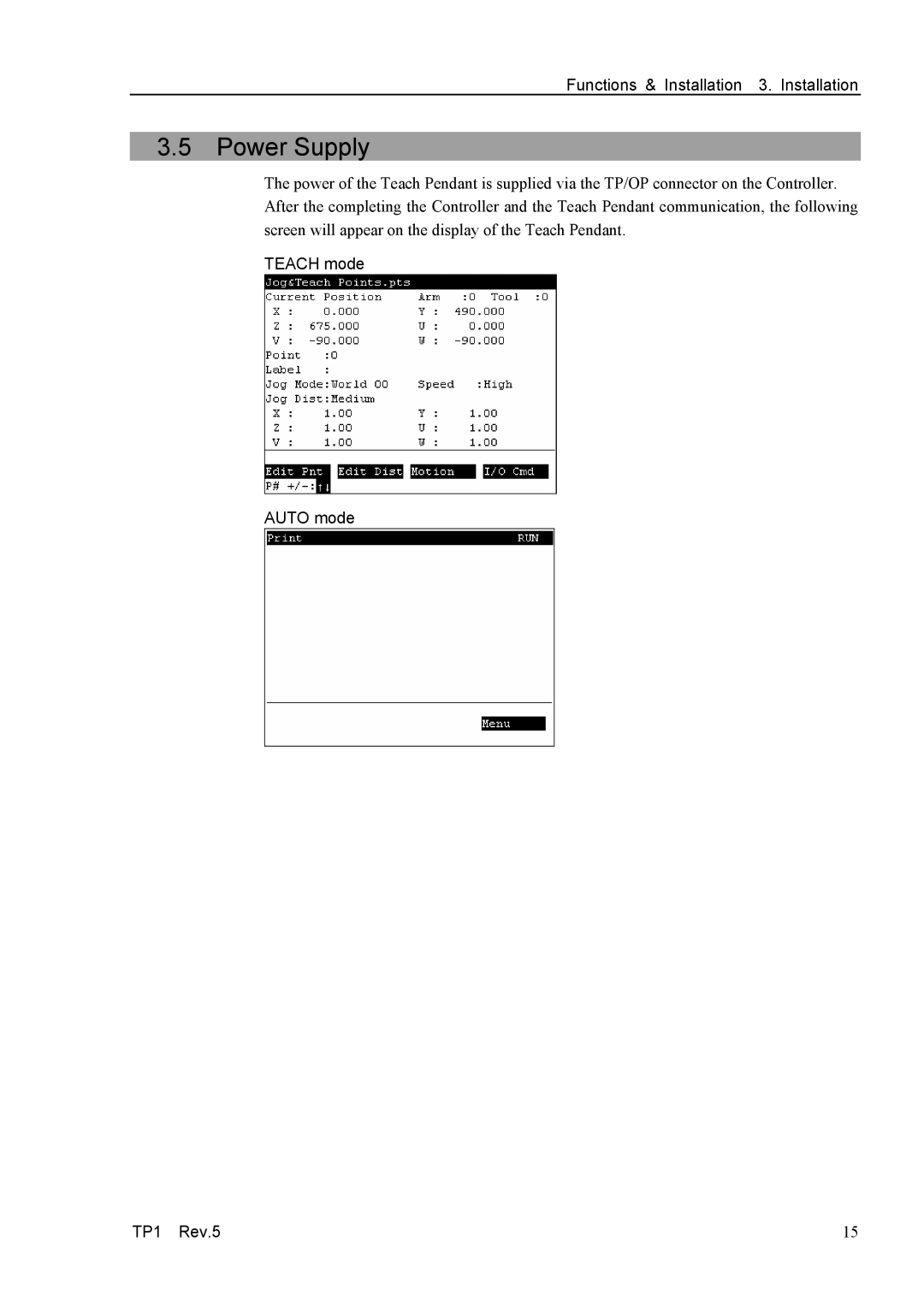 Epson manual Power Supply, Teach mode Auto mode TP1 Rev.5 