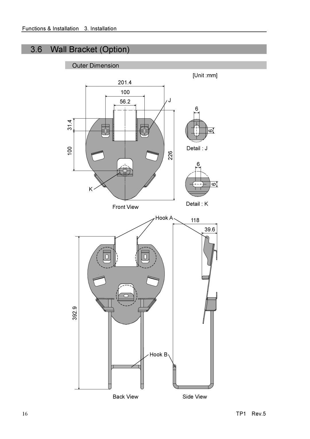 Epson TP1 manual Wall Bracket Option, Outer Dimension 