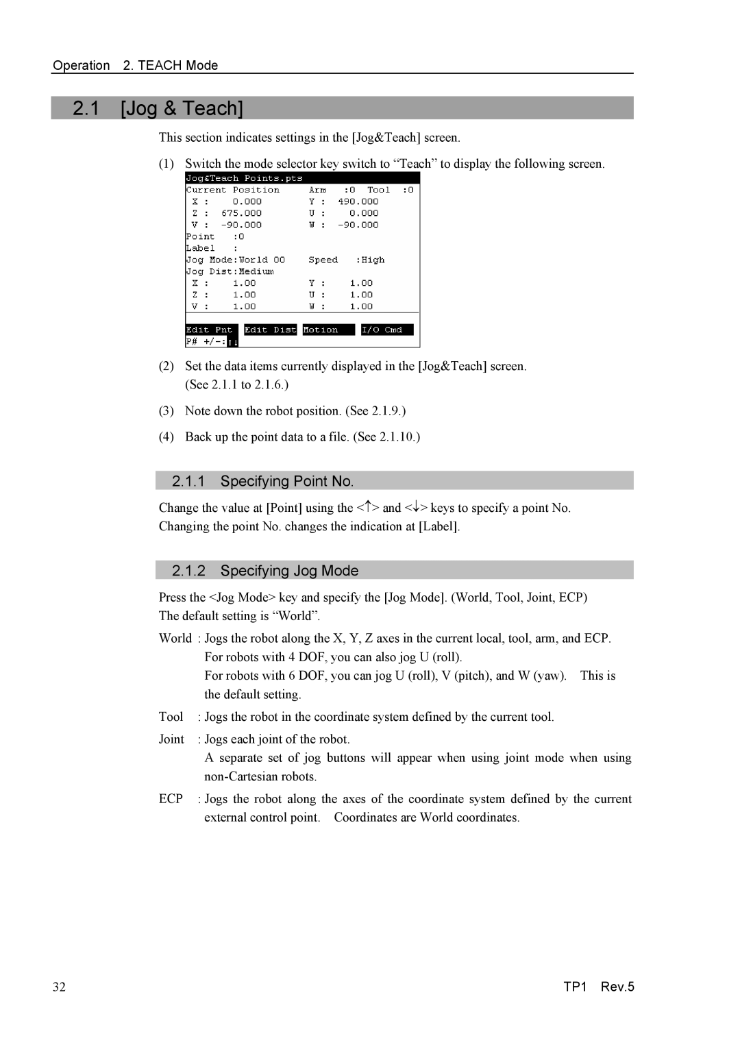 Epson TP1 manual Jog & Teach, Specifying Point No, Specifying Jog Mode 