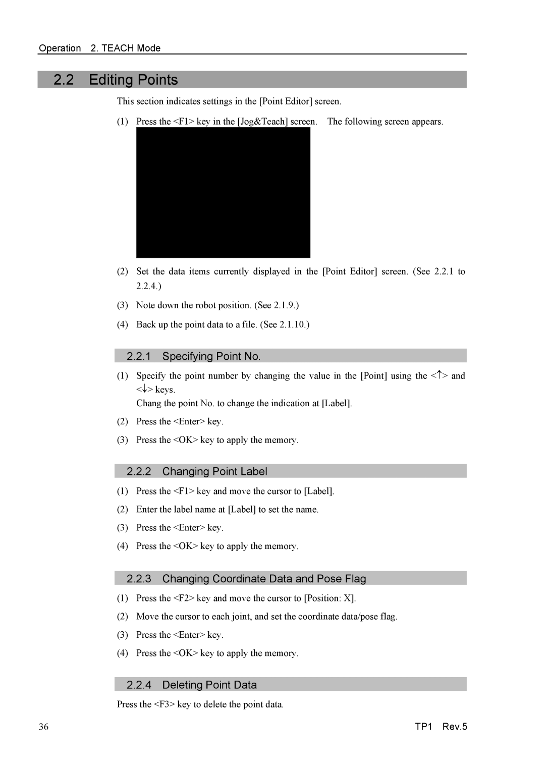 Epson TP1 manual Editing Points, Changing Point Label, Changing Coordinate Data and Pose Flag, Deleting Point Data 