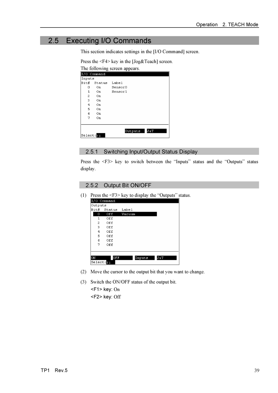 Epson Executing I/O Commands, Switching Input/Output Status Display, Output Bit ON/OFF, F1 key On F2 key Off TP1 Rev.5 