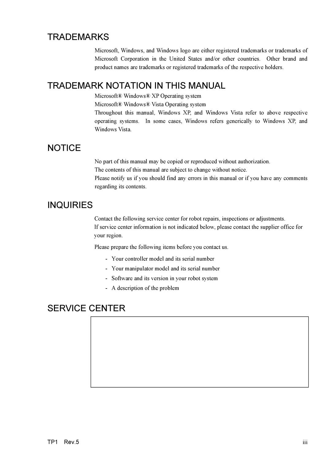 Epson TP1 manual Service Center 