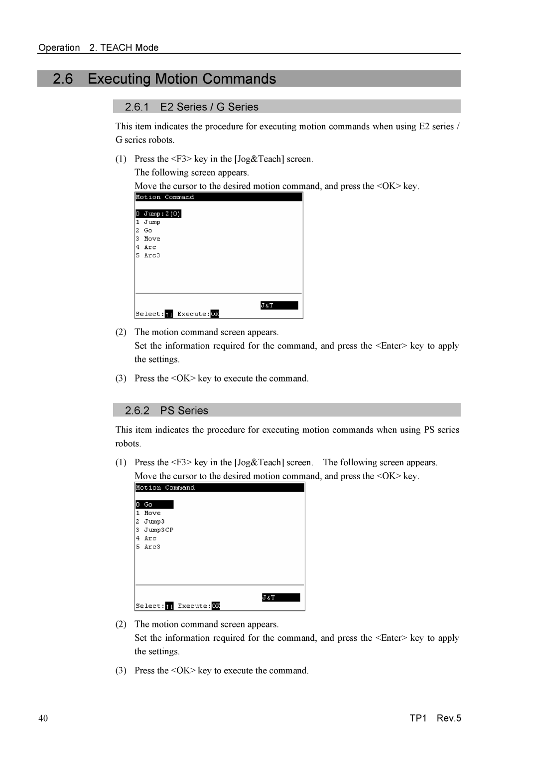 Epson TP1 manual Executing Motion Commands, 1 E2 Series / G Series, PS Series 