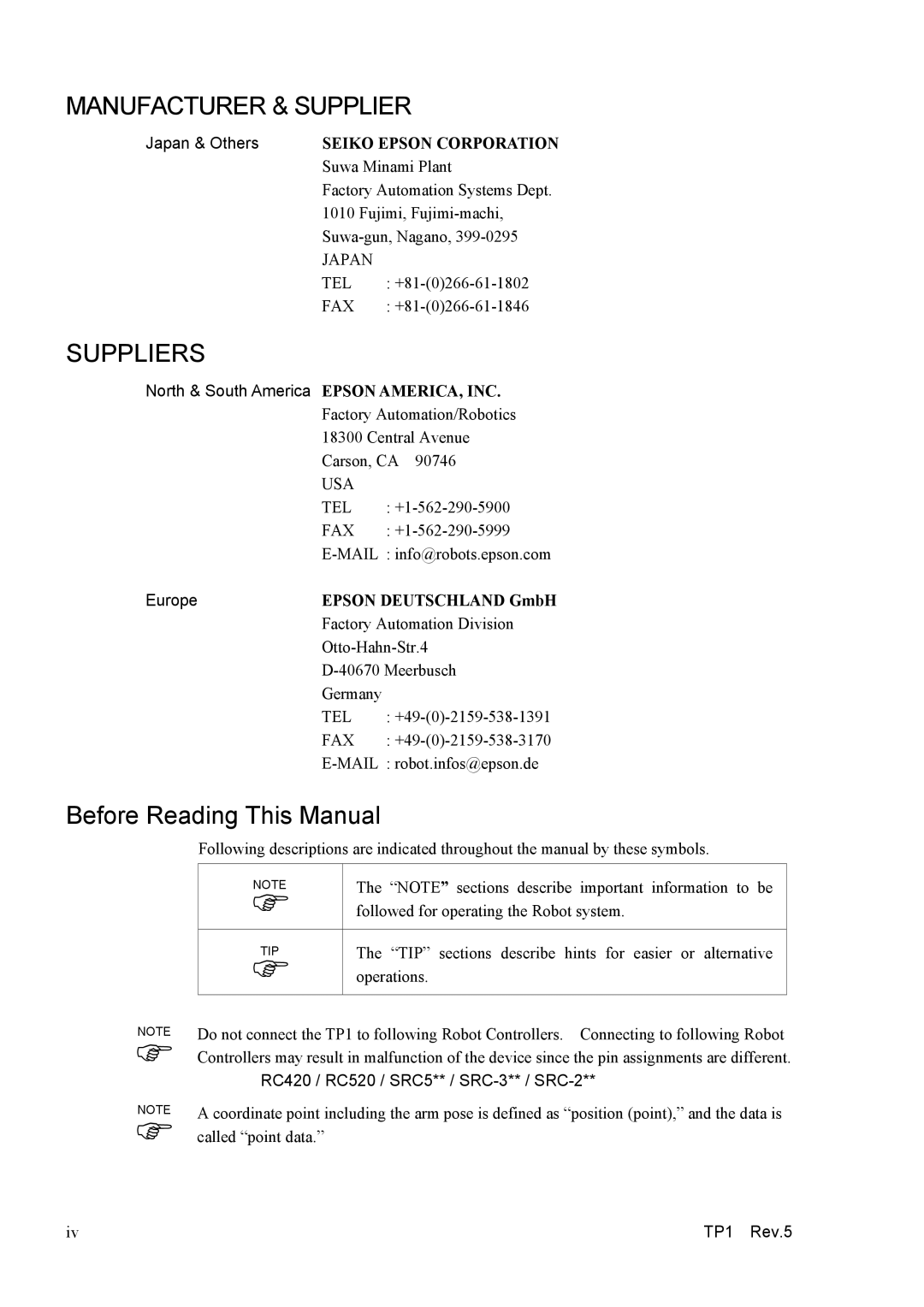 Epson TP1 manual Before Reading This Manual, Japan & Others, North & South America Epson AMERICA, INC, Europe 