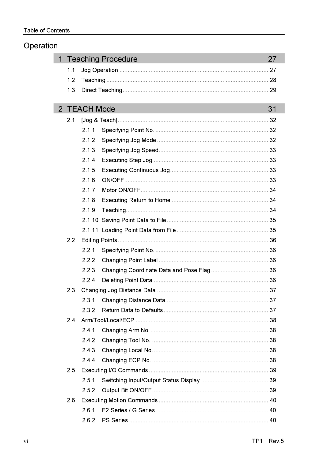 Epson TP1 manual Table of Contents, Jog & Teach, Executing Continuous Jog, Editing Points, Changing Jog Distance Data 