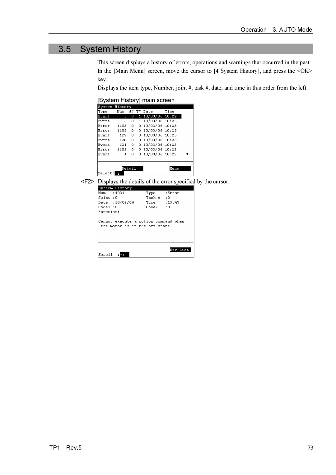 Epson TP1 manual System History main screen 