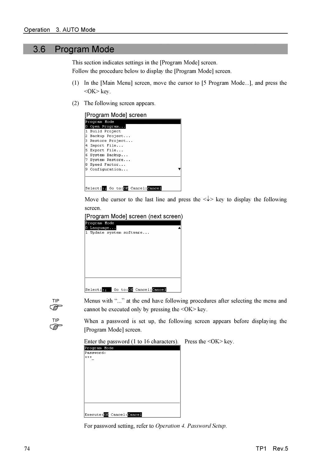 Epson TP1 manual Program Mode screen next screen 