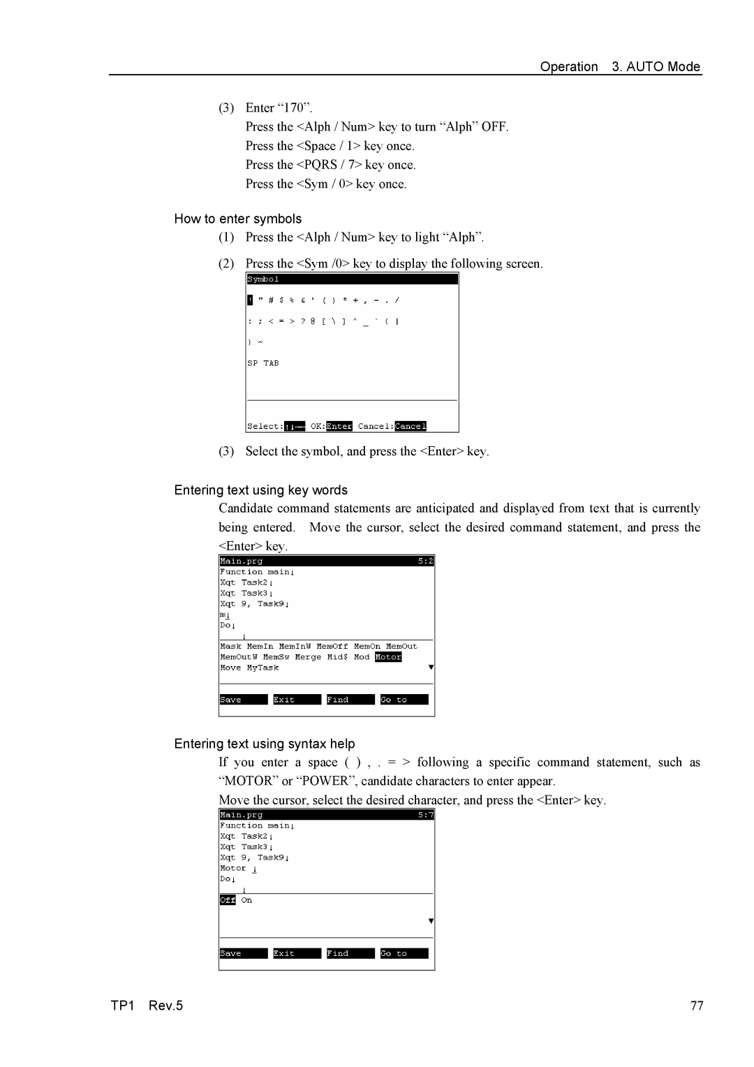 Epson TP1 manual How to enter symbols, Entering text using key words, Entering text using syntax help 