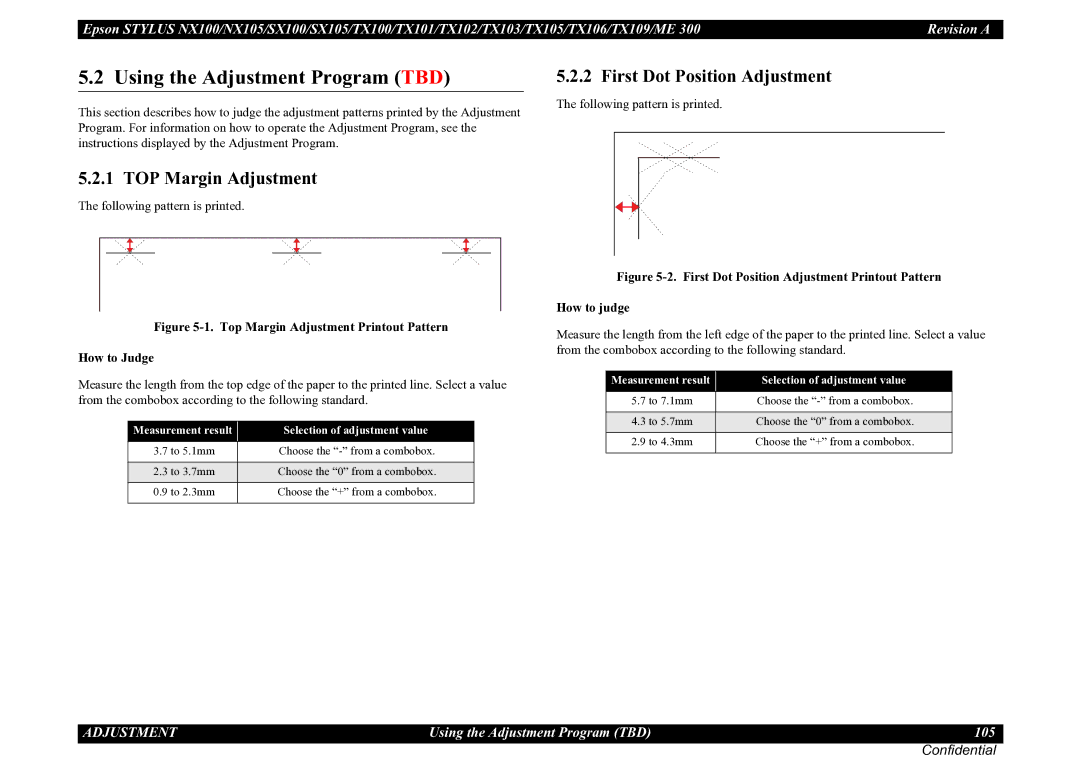 Epson TX101, TX105, SX100, TX100 Using the Adjustment Program TBD, TOP Margin Adjustment, First Dot Position Adjustment 