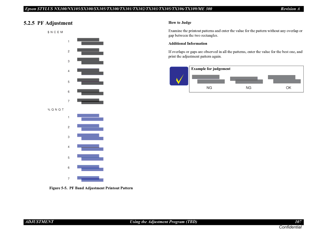 Epson TX109, TX105, SX100, TX100, NX105, ME 300, SX105, TX101 PF Adjustment, PF Band Adjustment Printout Pattern How to Judge 