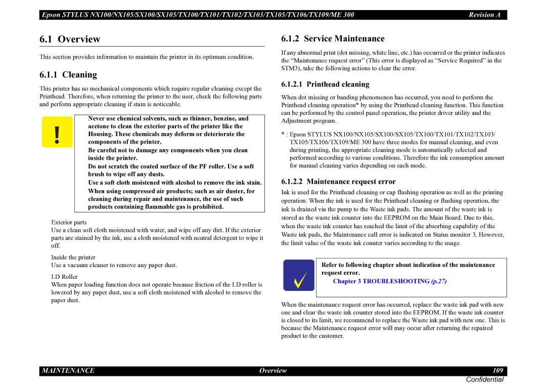 Epson TX103, TX105, SX100, TX100, NX105, ME 300, SX105, TX101, TX106, TX109, TX102 service manual Cleaning, Service Maintenance 
