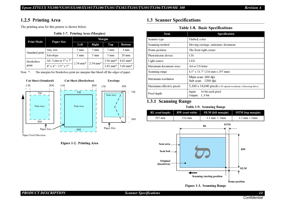Epson NX105, TX105, SX100, TX100, ME 300, SX105, TX101, TX106 Scanner Specifications, Scanning Range, Printing Area Margins 