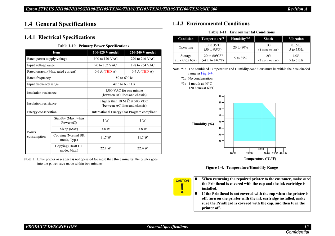 Epson ME 300 General Specifications, Electrical Specifications, Environmental Conditions, Primary Power Specifications 