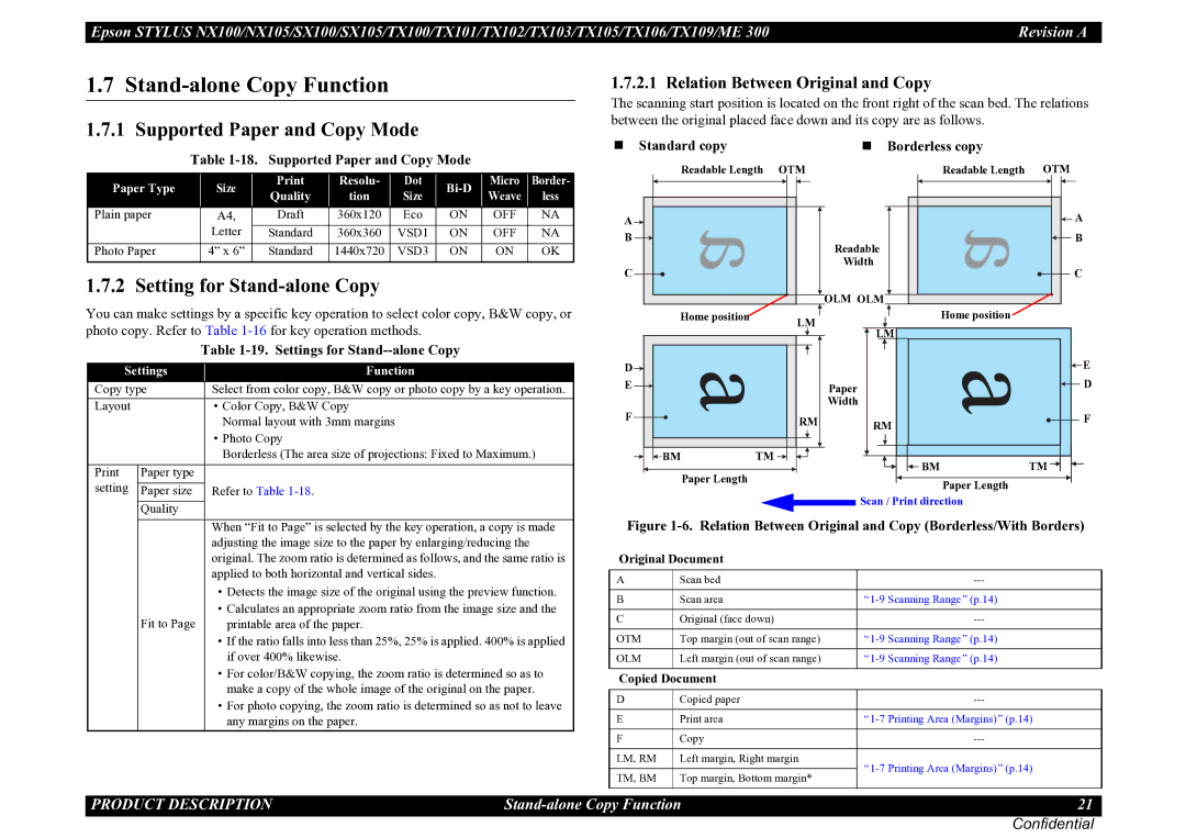 Epson TX103, TX105, SX100, TX100 Stand-alone Copy Function, Supported Paper and Copy Mode, Setting for Stand-alone Copy 