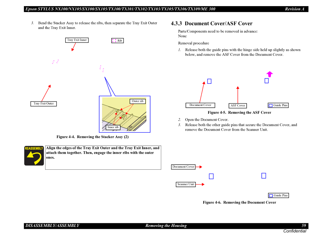 Epson ME 300, TX105, SX100, TX100, NX105, SX105, TX101, TX106, TX109, TX102, TX103 Document Cover/ASF Cover, Removing the ASF Cover 