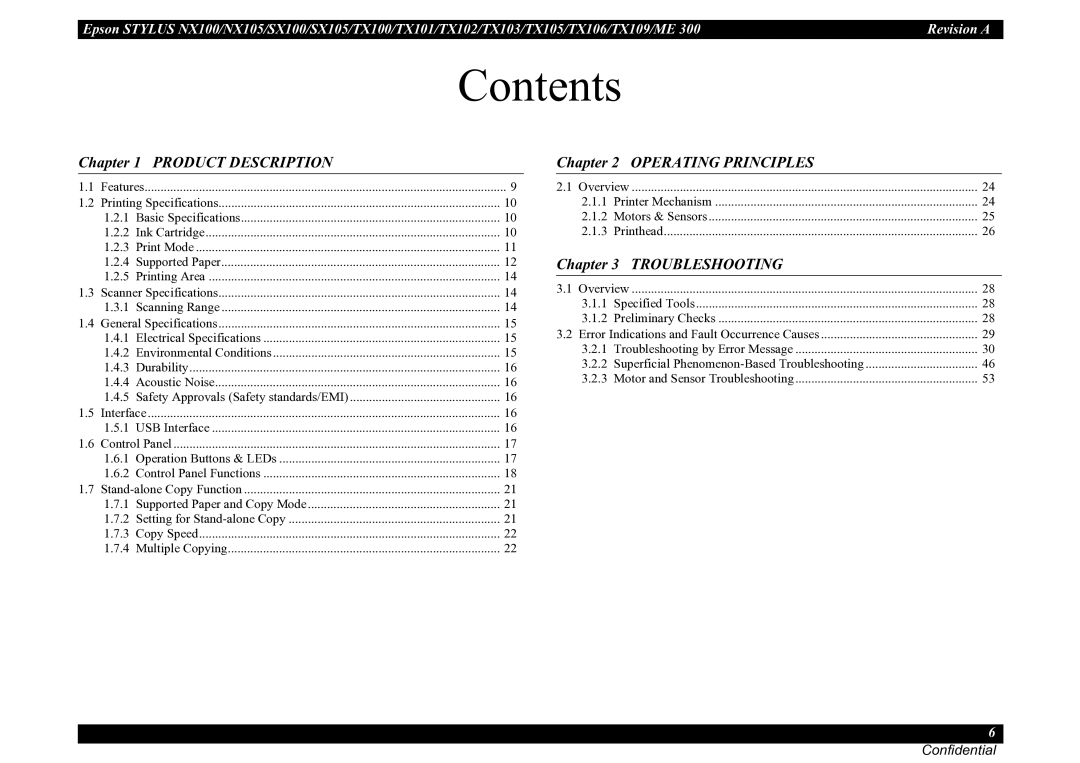 Epson TX101, TX105, SX100, TX100, NX105, ME 300, SX105, TX106, TX109, TX102, TX103 service manual Contents 