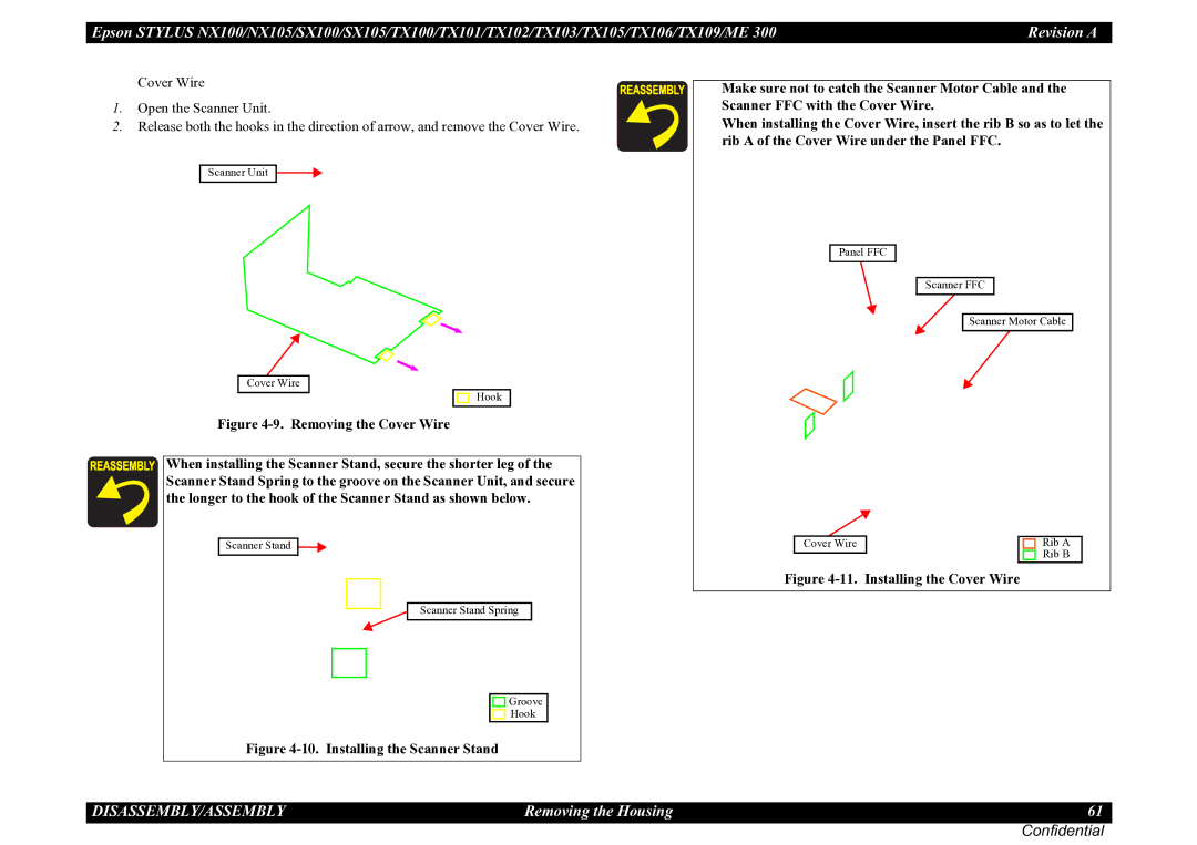 Epson TX101, TX105, SX100, TX100, NX105, ME 300, SX105, TX106, TX109, TX102, TX103 service manual Installing the Cover Wire 