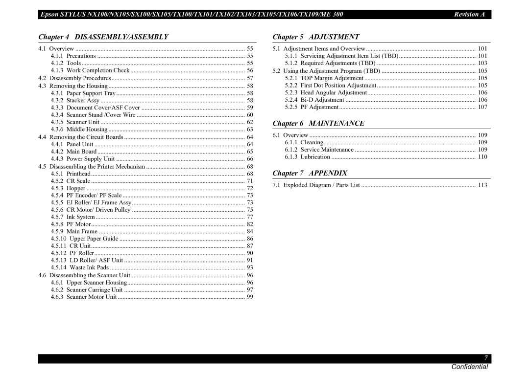 Epson TX106, TX105, SX100, TX100, NX105, ME 300, SX105, TX101, TX109, TX102, TX103 service manual Maintenance 