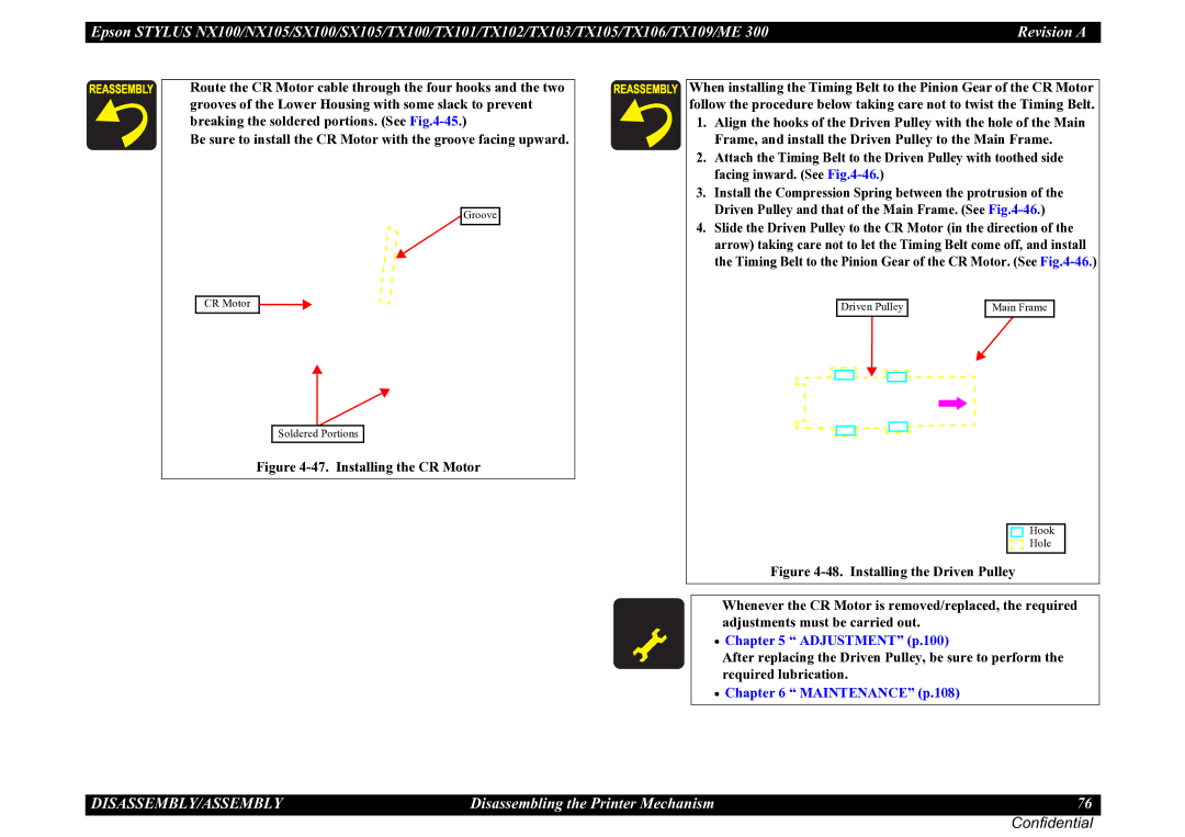 Epson TX103, TX105, SX100, TX100, NX105, ME 300, SX105, TX101, TX106, TX109, TX102 service manual Installing the CR Motor 