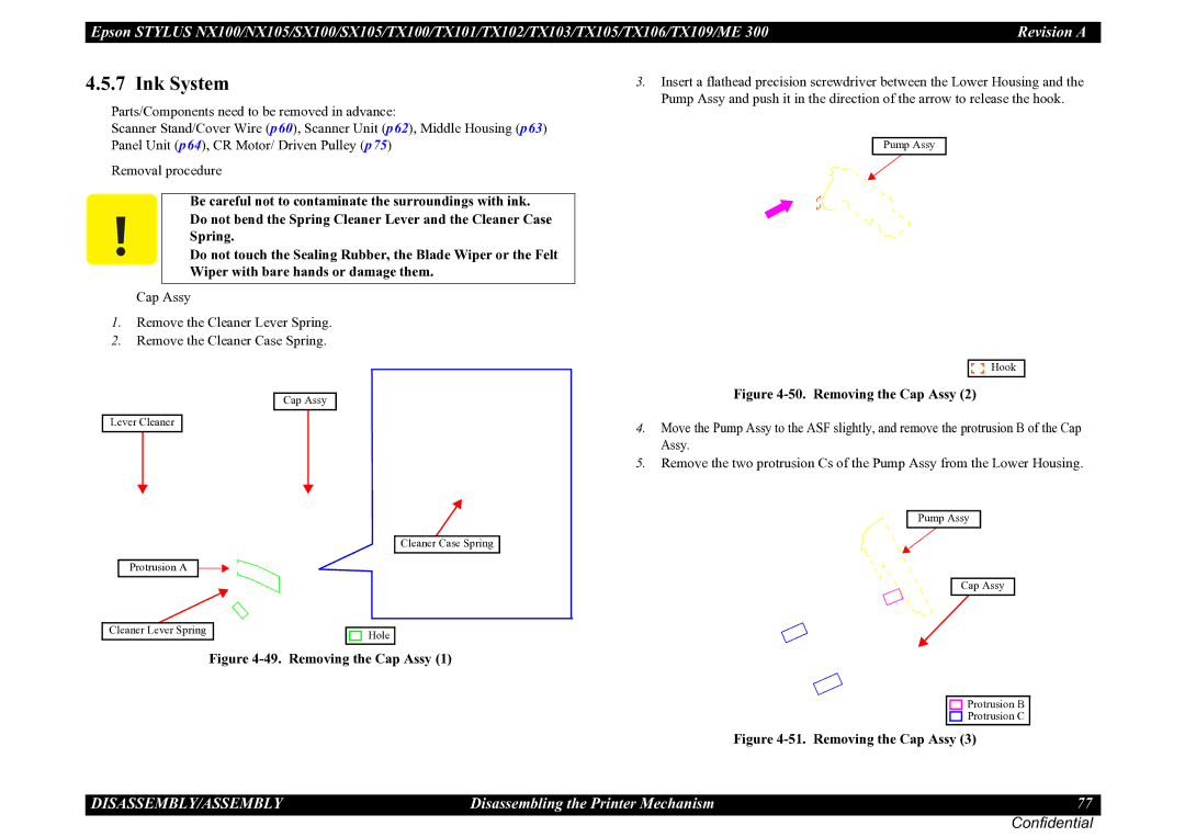 Epson TX105, SX100, TX100, NX105, ME 300, SX105, TX101, TX106, TX109, TX102, TX103 service manual Ink System, Removing the Cap Assy 