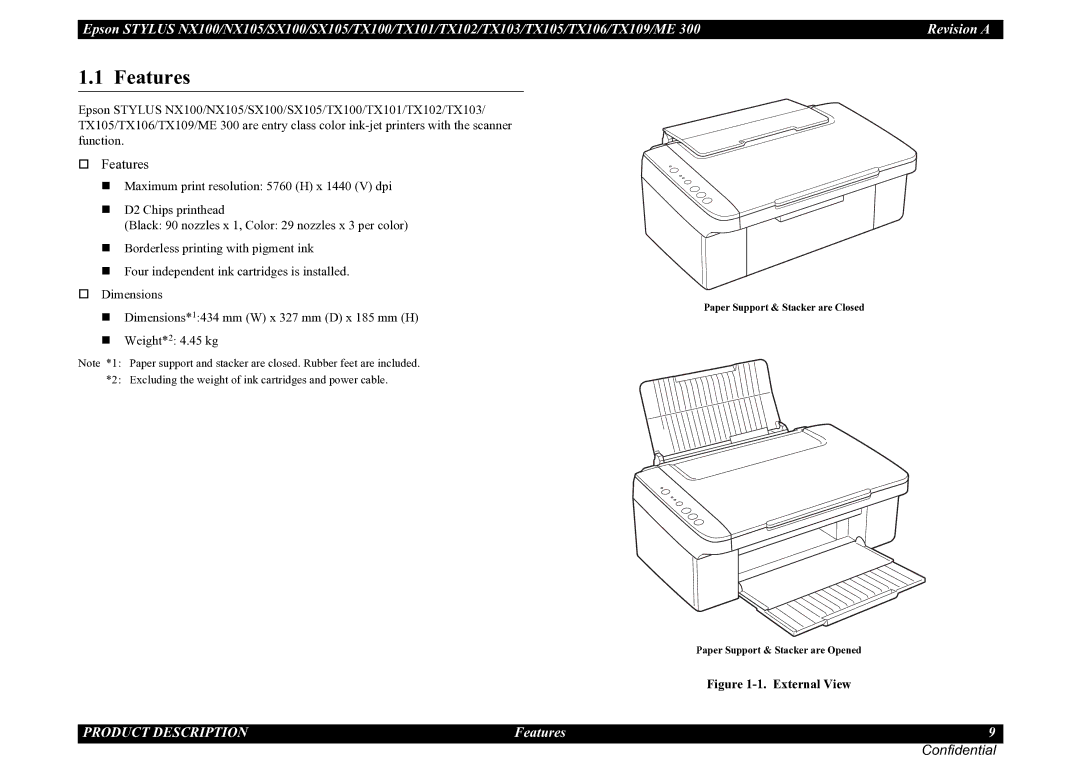 Epson TX102, TX105, SX100, TX100, NX105, ME 300, SX105, TX101, TX106, TX109, TX103 service manual Features, External View 