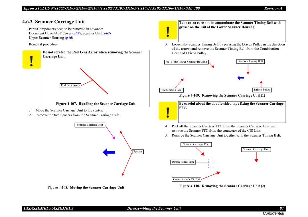Epson TX102, TX105, SX100, TX100, NX105 Scanner Carriage Unit, Do not scratch the Rod Lens Array when removing the Scanner 